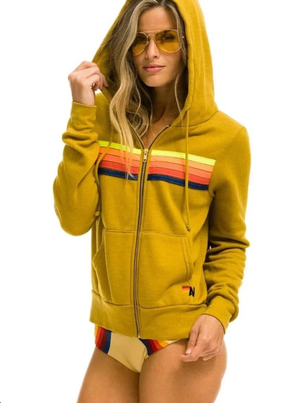 AVIATOR NATION Honey Neon 5 Stripe Full Zip Hoodie ($189) Size Small
